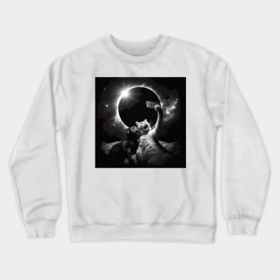 Dog and cat taking selfie in eclipse day Crewneck Sweatshirt